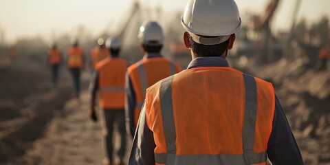 A group of construction workers in safety gear, walking on a construction site during sunset, emphasizing teamwork and the construction industry.