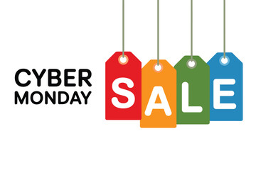 Cyber monday sale with colorful hanging tags on white background