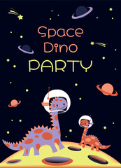 Fototapeta premium Space Dino Party Poster, Cute Astronaut Dinosaurs in Outer Space