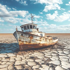Fototapeta premium Stranded Rusty Ship on Cracked Dry Land Under a Blue Sky shipwreck boat photo