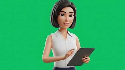 3D animated full body character of a professional woman holding a slim digital tablet with a blank screen, isolated on a solid green background - Powered by Adobe