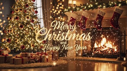 "Merry Christmas and Happy New Year – Cozy Holiday Interior with Christmas Tree" - Powered by Adobe