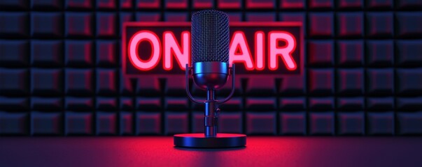 A stylish microphone is displayed in front of a glowing "ON AIR" sign, creating a vibrant atmosphere for broadcasting or recording.
