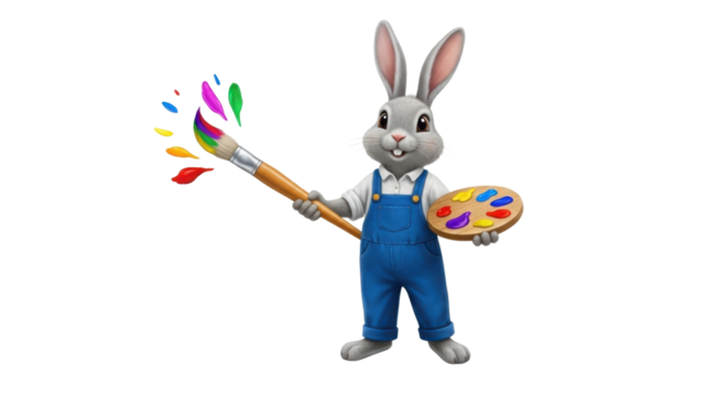 Rabbit painter with a brush and palette of colors isolated PNG with Transparent Background