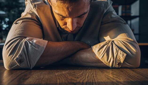Man with head down on arms, looking stressed and tired.