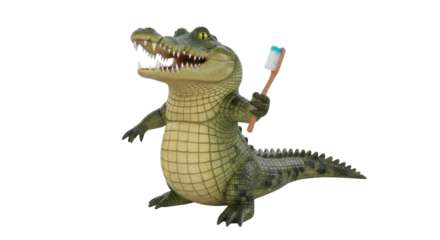 Cartoon alligator holding a toothbrush isolated PNG with Transparent Background