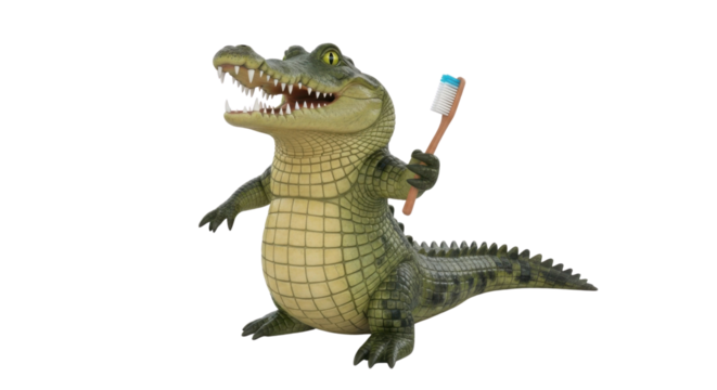 Cartoon alligator holding a toothbrush isolated PNG with Transparent Background - Powered by Adobe