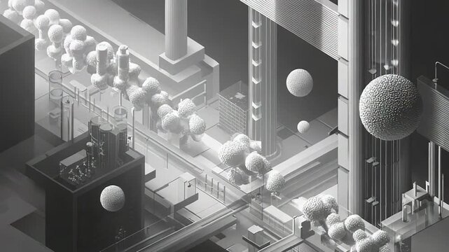 Futuristic isometric city architecture with abstract elements