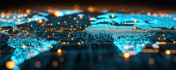 A vibrant, digital representation of a world map, featuring glowing blue lines and nodes that symbolize connectivity and technology.