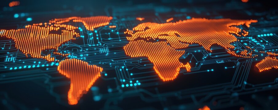 A digital representation of a world map illuminated with circuit patterns, symbolizing technology and global connectivity.