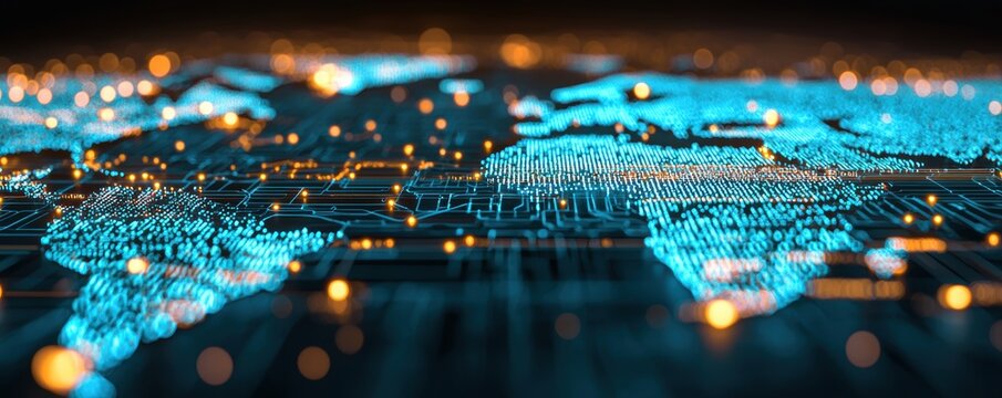 A vibrant, digital representation of a world map, featuring glowing blue lines and nodes that symbolize connectivity and technology.