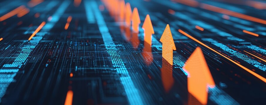 A digital landscape featuring glowing arrows and circuit patterns, symbolizing growth and technology advancement.