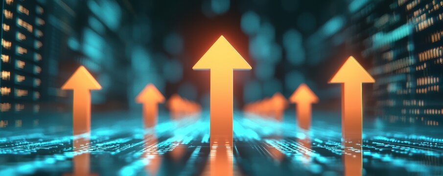 A dynamic digital illustration featuring glowing arrows pointing upward against a backdrop of abstract blue data patterns. - Powered by Adobe