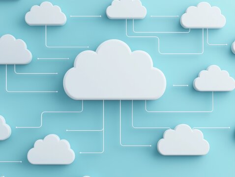 Minimalist illustration of interconnected clouds on a blue background, symbolizing cloud computing and data storage.