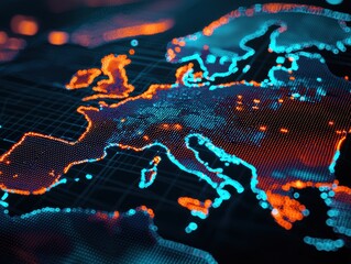 A digital map of Europe showcased with glowing blue and orange dots, representing data points and interconnected networks.