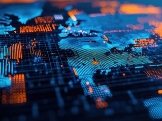 A vibrant digital map showcasing data visualization with glowing blue and orange elements, highlighting geographical information and connectivity.