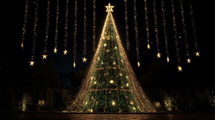 Árbol decorado por navidad, el fondo es negro