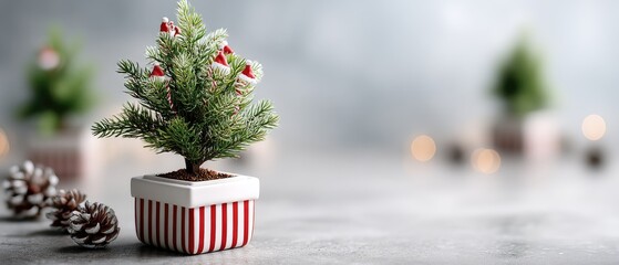 Christmas tree toy with red and white striped gift box surrounded by snowflakes, pine cones, and small festive trees on a gray background