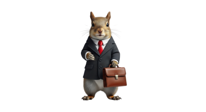 Squirrel in a business suit holding a briefcase isolated PNG with Transparent Background