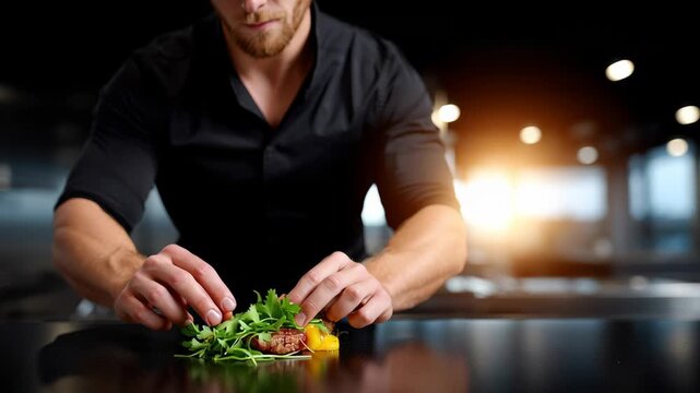 Chef prepares a gourmet dish with fresh ingredients in modern kitchen