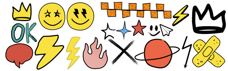 Hand-drawn doodle vector set with cool icons like skulls, smiley faces, lightning bolts, game controller, peace sign, and more. Perfect for t-shirts, vector illustration of abstract music background