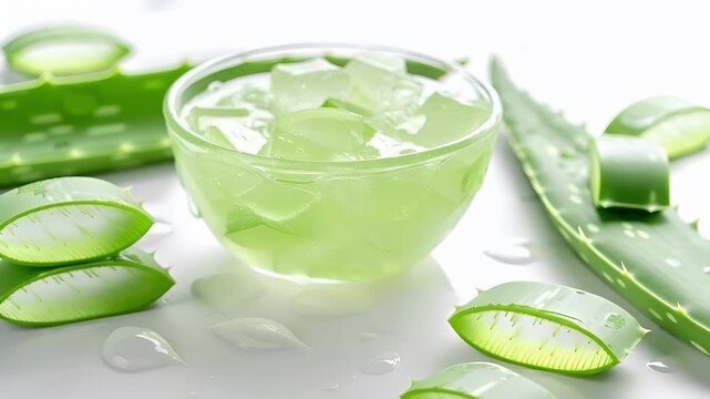 Aloe vera juice with ice cubes in a glass bowl.
