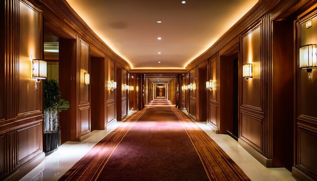 elegant photo of elegant hotel corridor with warm ambient lighting and luxurious carpet ideal for business travel hospitality industry themes and upscale accommodation