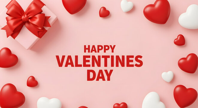 Festive pink background with red and white hearts and a gift box for valentines day celebration - Powered by Adobe