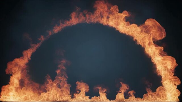 A fiery half circle frame with realistic flames and smoke against a dark background for dramatic effect