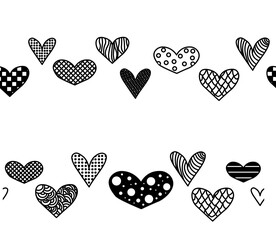 Heart shaped seamless border set. Big heart border decoration. Valentine's Day seamless border horizontal. Vector graphic line black and white illustration. love romance design.