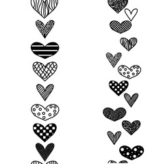 Heart shaped seamless border set. Big heart border decoration. Valentine's Day seamless border vertical. Vector graphic line black and white illustration. love romance design.