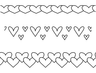 Hearts Valentine's Day seamless border horizontal. Vector graphic line black and white illustration. Banner, poster, wrapping paper, sticker, print, modern textile design.