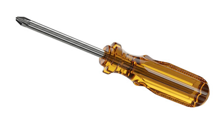 Close-up of a sturdy phillips head screwdriver with amber handle