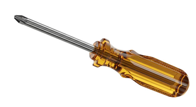 Close-up of a sturdy phillips head screwdriver with amber handle