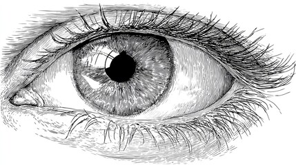 Obraz premium Detailed etching of a human eye with iris and eyelashes.
