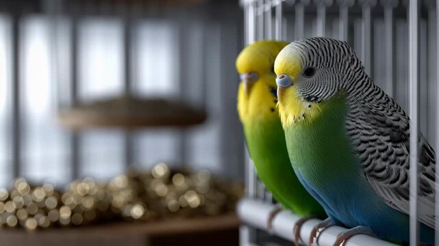 Colorful budgies perched together in a cozy indoor setting