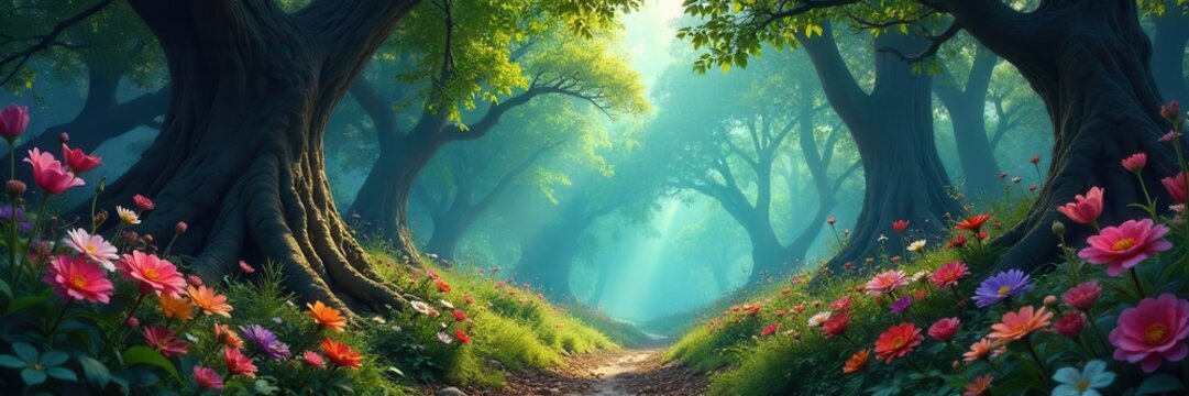 Enchanting magical forest with vibrant flowers, towering trees, and mystical creatures, creatures, vibrant
