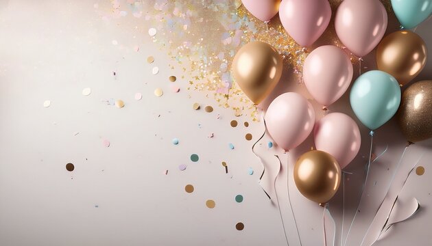 pastel balloons and confetti on a light background for celebrations - Powered by Adobe