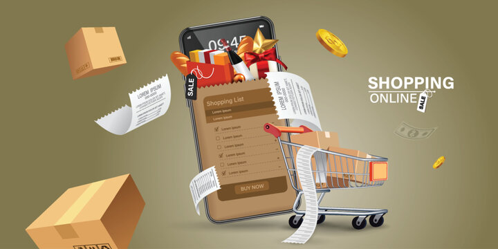 Shopping Online on Website or Mobile Application Vector Concept Marketing and Digital marketing.Online shopping store with mobile , credit cards and shop elements.Vector illustration.