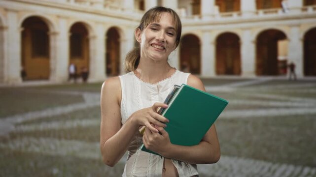 Young woman holding a stack of books and a green folder in an old town building courtyard; confidence curiosity.
