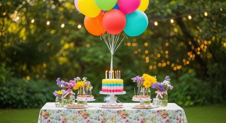 A colorful birthday cake with lit candles and balloons on a table set with flowers and treats in a garden setting