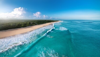 aerial view of turquoise coastline with abstract wave patterns and white sand beach under natural sunlight showcasing vivid textures and sharp focus in a serene tropical landscape