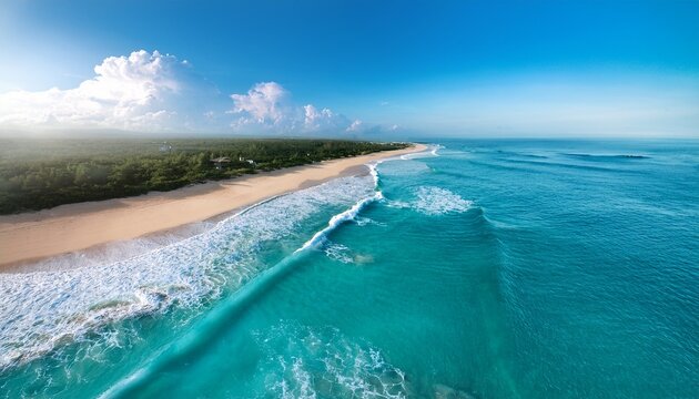 aerial view of turquoise coastline with abstract wave patterns and white sand beach under natural sunlight showcasing vivid textures and sharp focus in a serene tropical landscape - Powered by Adobe