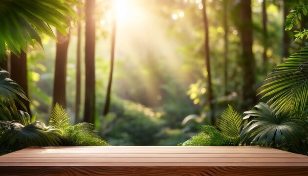 elegant photo of jungle forest background with a wooden display podium bathed in sunshine ideal for organic cosmetics and food presentations