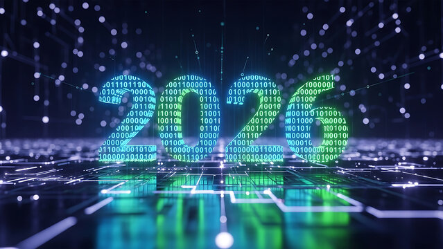 2026 Typography Made of Binary Code on a Futuristic Digital Circuit Board and Data Network - Powered by Adobe
