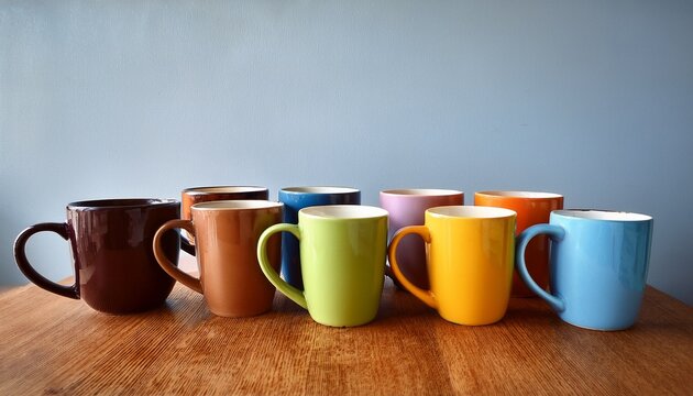 vibrant display of nine unique colorful mugs arranged on wooden multicolored cups table against
