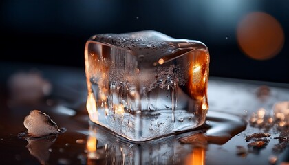 icy cube a close up shot showcasing a perfect transparent ice cube glistening as it melts reflecting the cool ambiance of a refreshing drink capturing the raw beauty of nature s frozen marvel