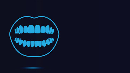 Detailed Digital Vector Illustration of Healthy Human Teeth and Open Mouth Outline in Bright Blue Neon Style Against a Deep Dark Background Perfect for Dentistry and Medical Websites