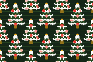 Snow-covered Christmas trees decorated with abstract ornaments on a green background. Great for festive wrapping paper, holiday crafts, winter stationery, and playful seasonal prints.