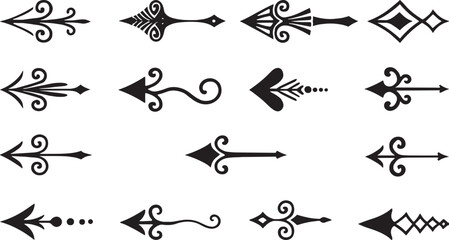 Decorative vintage arrow collection with ornate swirl, curl, heart, geometric, tribal and flourish designs